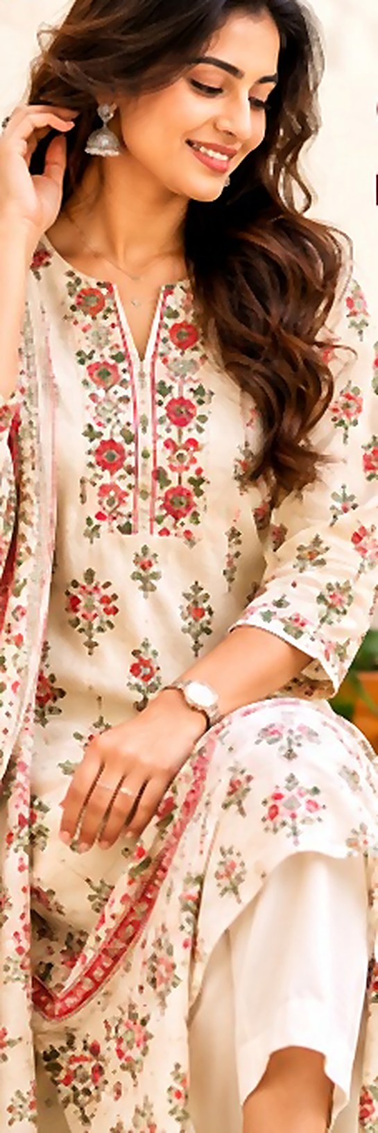 Cream cotton kurta with pink floral block print, worn with a matching dupatta and white pants