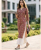 Maroon printed straight-cut kurti with white palazzo