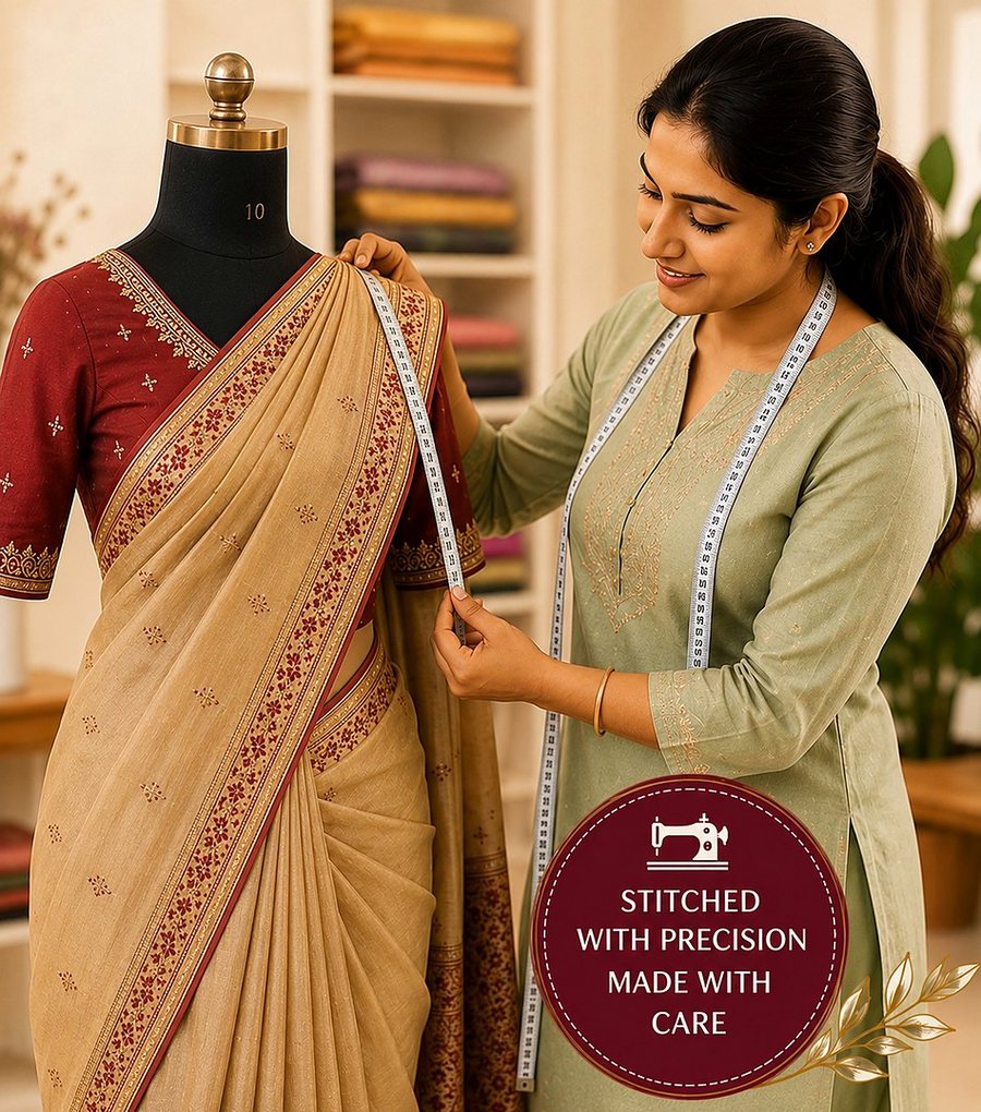 A tailor measuring a saree draped on a dress form in the shop